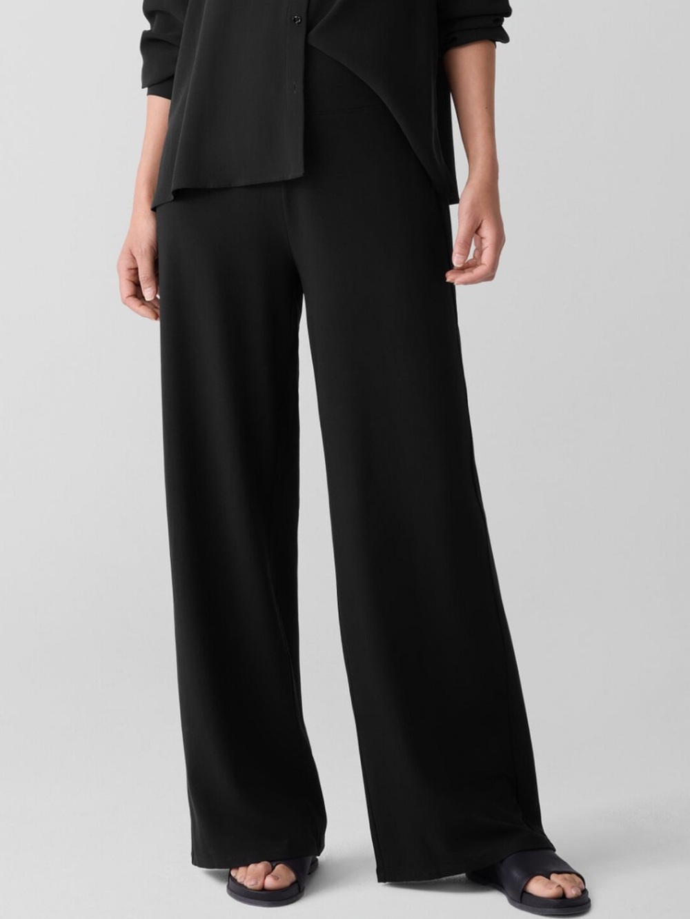 EILEEN FISHER Pull On Black Crepe Wool Pants, wide leg, Stretch Size Large